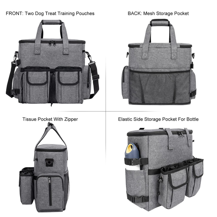 Modoker Dog Travel Bag Backpack, Airline Approved Pet Accessories Organizer for Dog and Cat with Shoulder Strap, 2 Dog Food Storage Containers, 2 Collapsible Dog Bowls,1 Pet Mat, Grey