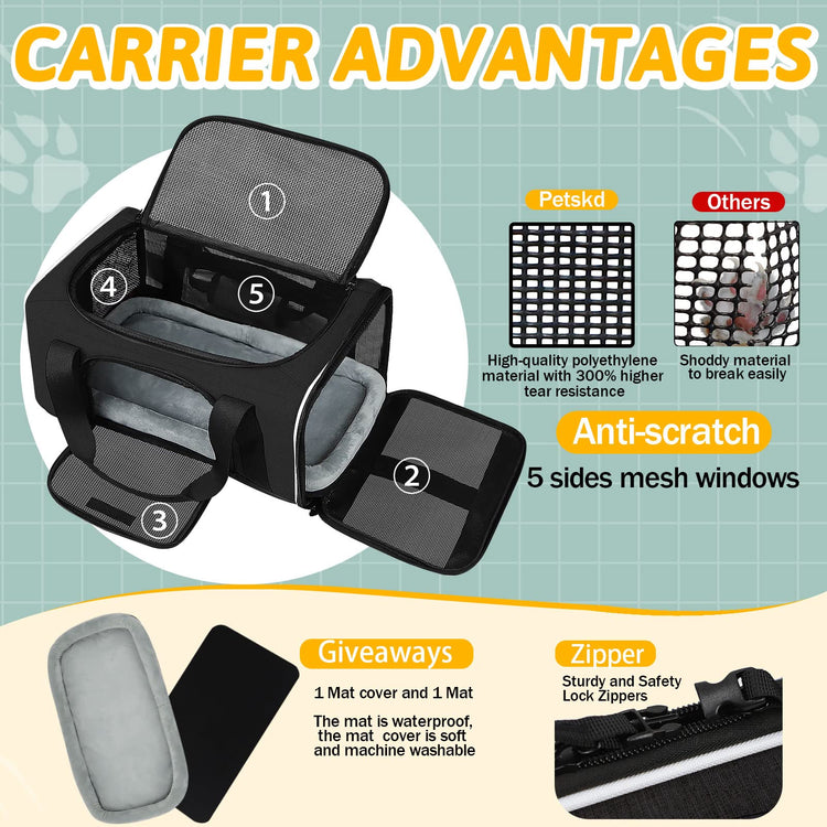 Petskd Pet Carrier 17x11x9.5 Alaska Airline Approved,Pet Travel Carrier Bag for Small Cats and Dogs, Soft Dog Carrier for 1-10 LBS Pets,Dog Cat Carrier with Safety Lock Zipper(Black)