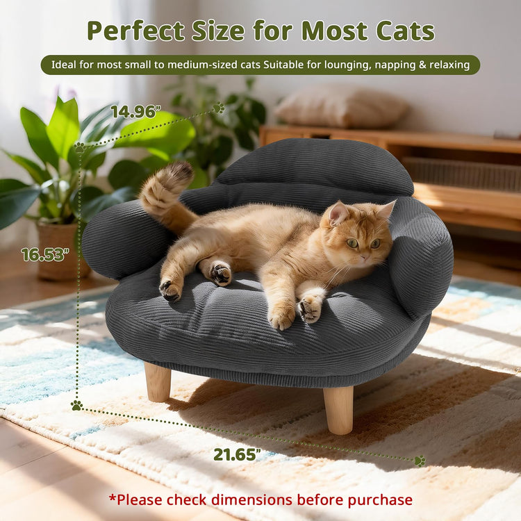 Cat Sofa Furniture-Style Pet Bed with Removable Cotton Velvet Cover, Solid Pine Wood Legs, for Cats and Small Dogs, White