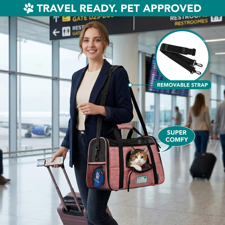 PetAmi Airline Approved Pet Carrier for Cats & Small Dogs, Soft Sided TSA Travel Carrier Bag with Sherpa Bed, Breathable Mesh Ventilation, Collapsible Bowl, Fits Under Seat, Up to 18 lbs, Small Pink