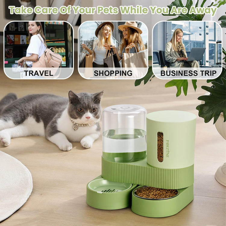2 Pack Automatic Cat Feeder Stainless Steel Water Dispenser Gravity Food Feeder and Waterer Set with Pet Food Bowl for Small Medium Kitten Puppy Pets Large Capacity(Grey)