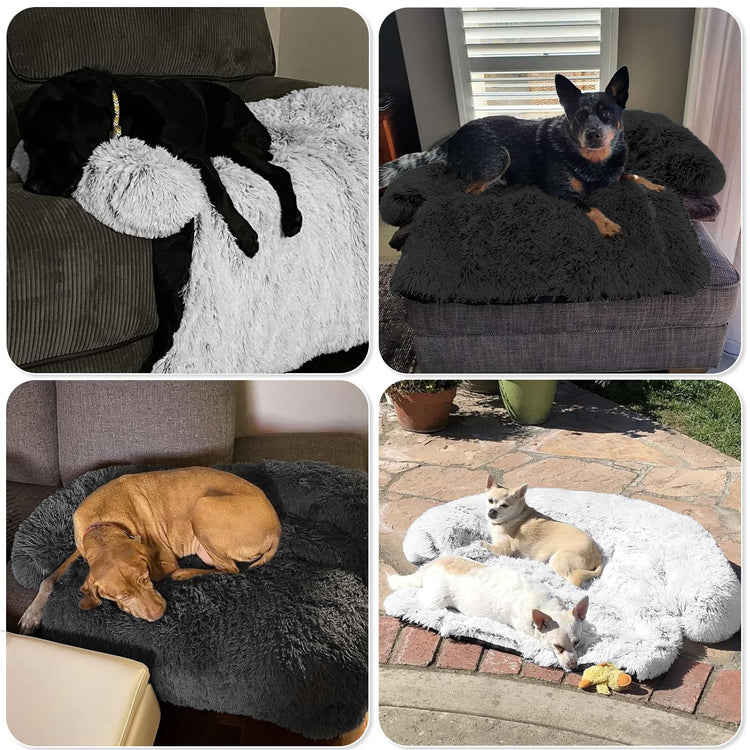 Calming Dog Bed Fluffy Plush Dog Mat for Furniture Protector with Removable Washable Cover for Large Medium Small Dogs and Cats (Small(35x31x5), Light Grey)