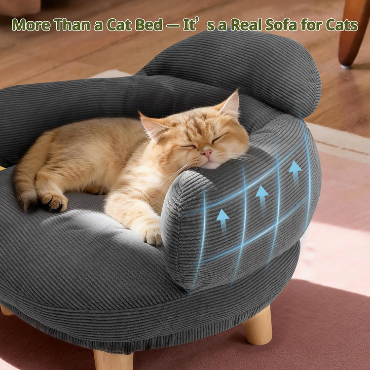 Cat Sofa Furniture-Style Pet Bed with Removable Cotton Velvet Cover, Solid Pine Wood Legs, for Cats and Small Dogs, White