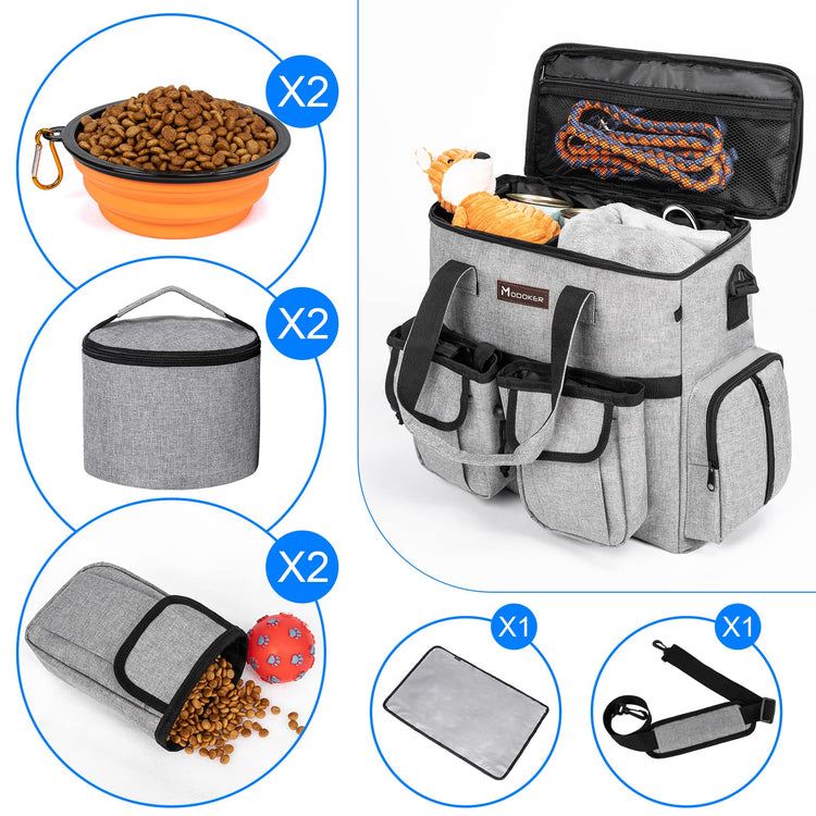 Modoker Dog Travel Bag Backpack, Airline Approved Pet Accessories Organizer for Dog and Cat with Shoulder Strap, 2 Dog Food Storage Containers, 2 Collapsible Dog Bowls,1 Pet Mat, Grey
