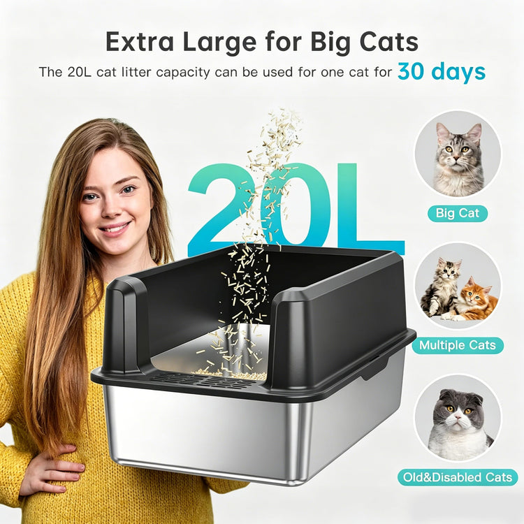 WoofiGo Enclosed Stainless Steel Cat Litter Box with Lid, XL Extra Large Litter Box for Big Cats, Metal Litter Pan High Sided, Never Absorbs Odors, Anti-Urine Leakage, Easy Cleaning, Include Scoop