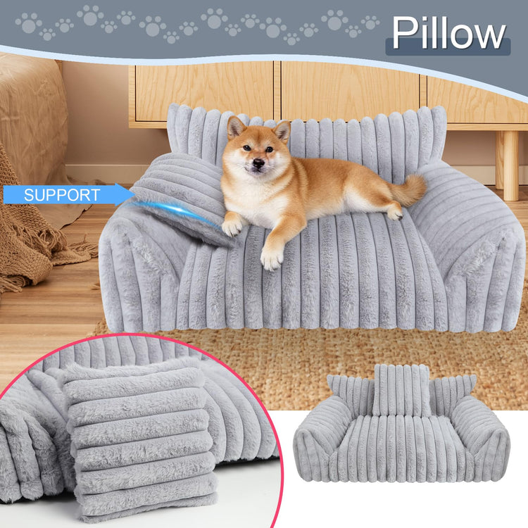 Cute Cat Couch Bed for Indoor Cats, Fluffy Pet Cat Sofa with Premium Soft Corduroy Fleece, Cute Small Dog Beds for Small Dogs, Fuzzy Puppy Chair with Removable Washable Cover (24x18x10,Grey)
