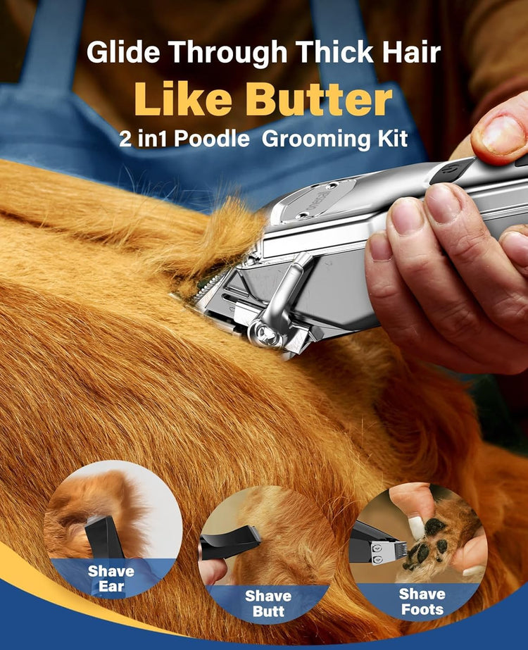 oneisall Dog Grooming Kit for Heavy Thick Hair, with Stainless Steel Blade and Paw Trimmer, Low Noise Rechargeable Cordless Waterproof Dog Clippers for Grooming Animals&Pets