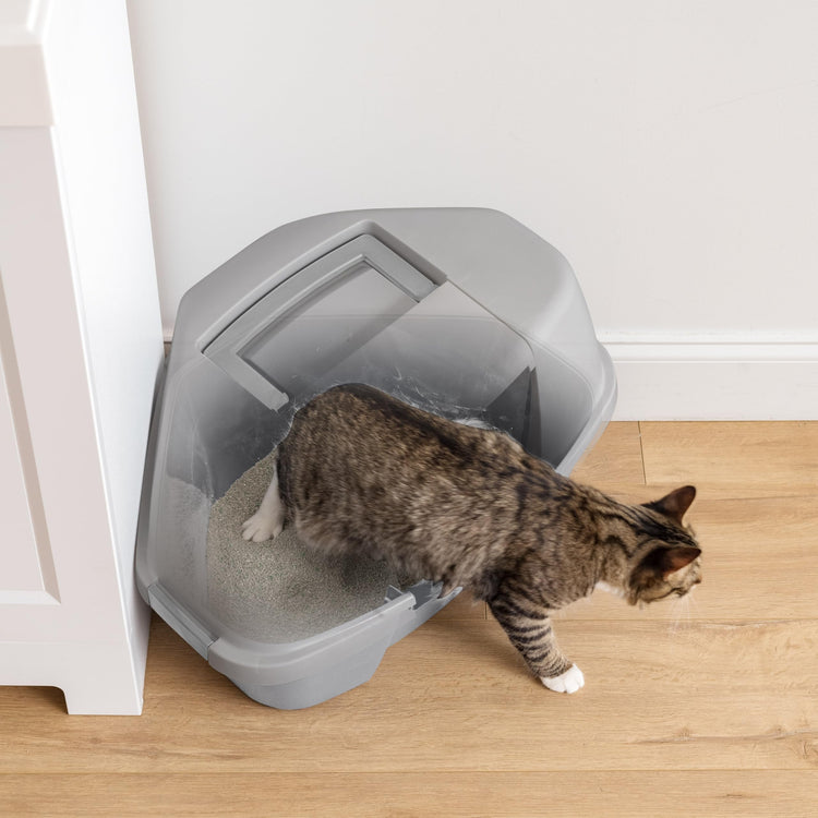IRIS USA Cat Litter Box Large with Front Door Flap, Covered Enclosed Litter Box Enclosure with Scoop, Handle & Buckles for Portability & Privacy, Hidden Litter Pan, Navy