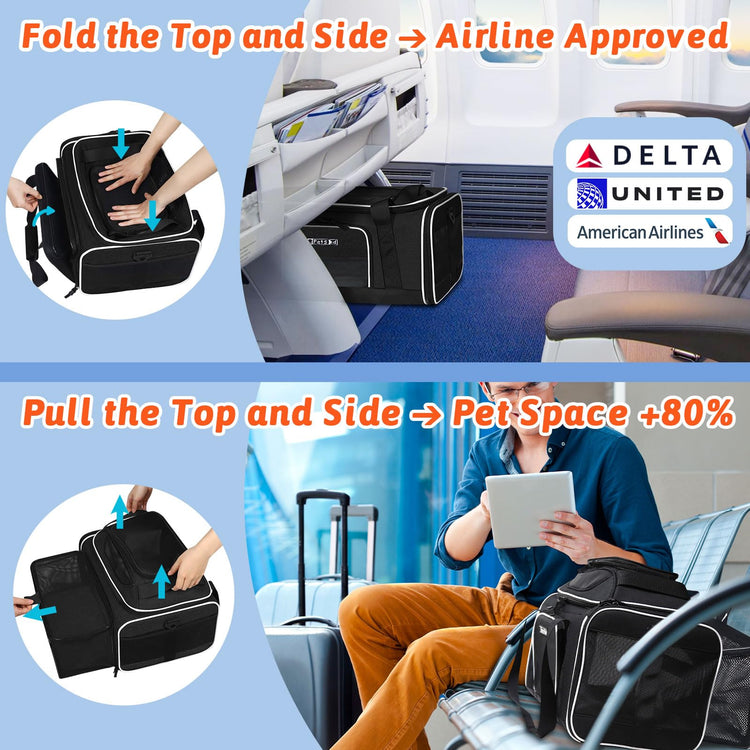Petskd Top and Side Expandable Pet Carrier 18x11x11 Inches Delta United Airline Approved, Soft-Sided Carrier for Small Cats and Dogs with Locking Safety Zippers and Anti-Scratch Mesh(Black)