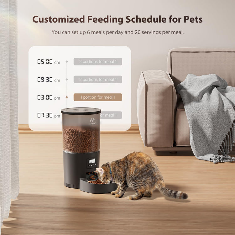 IMIPAW Automatic Cat Feeders, Timed Cat Dry Food Dispenser with Desiccant Bag, Dual Power Supply, Programmable Portion Size, 6 Meals, 20 Portions Per Day, Auto Pet Feeder for Cats and Small Dog, White