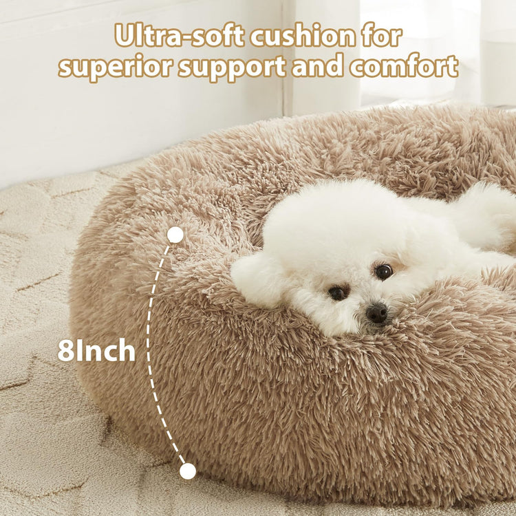 WNPETHOME Calming Dog Bed & Cat Bed, Anti-Anxiety Donut Small Dog Bed, Fluffy Faux Fur Cats Cushion Puppy Bed for Small Pets and Cats (24 x 24 inch, Light Coffee)