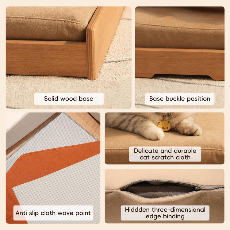 GDFStudio 27.6" Wooden Pet Bed for Cats and Dogs, Oak Veneer Frame with Washable Cushion, Scratch-Resistant Fabric, Elevated Pet Sofa Bed with Hanging Toy and Non-Slip Feet for Medium to Large Pets