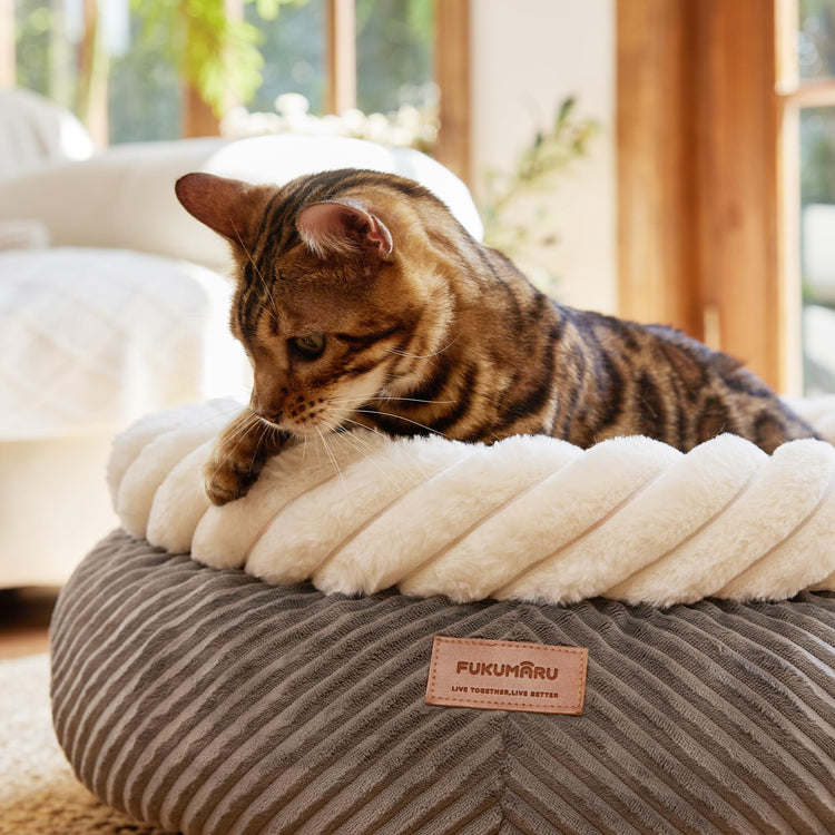 FUKUMARU Cat Bed, Calming Donut Dog Beds, Plush Faux Fur&Corduroy Kitten Beds, Cute Round Washable Pet Bed for Large Cats and Puppy, Cat Cave with Anti-Slip Bottom, 21inch, Camel