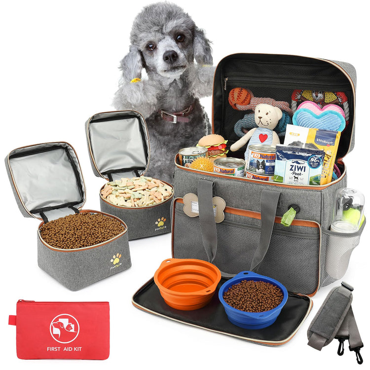 Dog Travel Bag for Traveling| Week Away/Overnight Dog Travel Accessories with Multi-Function Pockets| Travel Set for Dogs and Cats|Ideal Pet Diaper Bag and Pet Gift Kit(Grey)