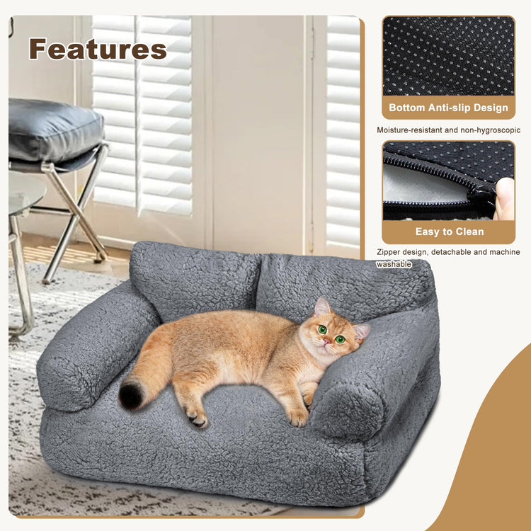 Large Cat Beds for Indoor Cats, Dog Couch Bed, Cute Cat Couch Sofas for Less 20lbs Kitten Puppy, Small Dog Sofas & Chairs with Removable Washable Cover, Soft Warm Pet Furniture, Cream
