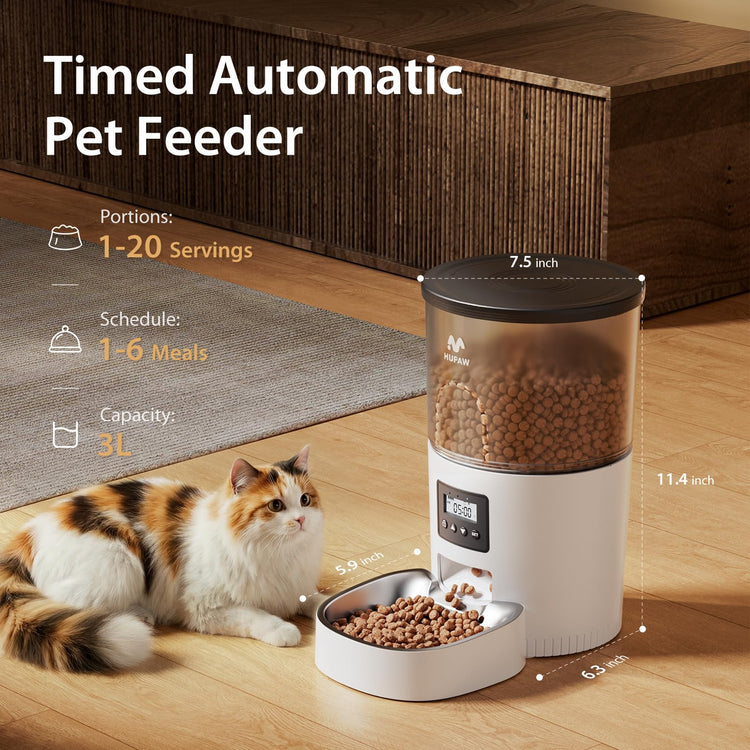 IMIPAW Automatic Cat Feeders, Timed Cat Dry Food Dispenser with Desiccant Bag, Dual Power Supply, Programmable Portion Size, 6 Meals, 20 Portions Per Day, Auto Pet Feeder for Cats and Small Dog, White