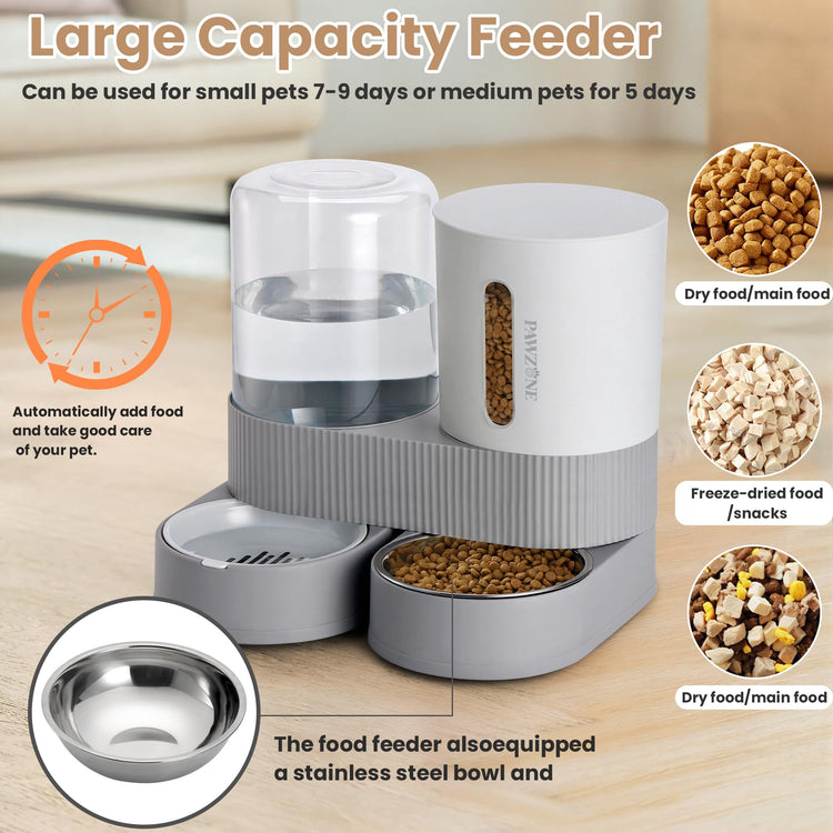 2 Pack Automatic Cat Feeder Stainless Steel Water Dispenser Gravity Food Feeder and Waterer Set with Pet Food Bowl for Small Medium Kitten Puppy Pets Large Capacity(Grey)