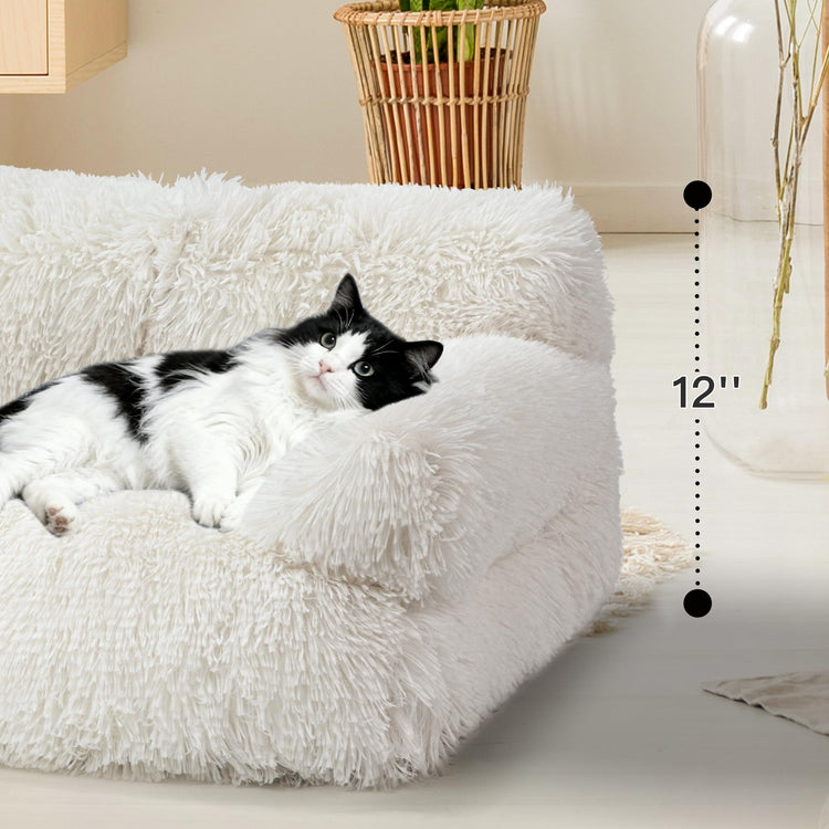 Large Cat Beds for Indoor Cats, Dog Couch Bed, Cute Cat Couch Sofas for Less 20lbs Kitten Puppy, Small Dog Sofas & Chairs with Removable Washable Cover, Soft Warm Pet Furniture, Cream