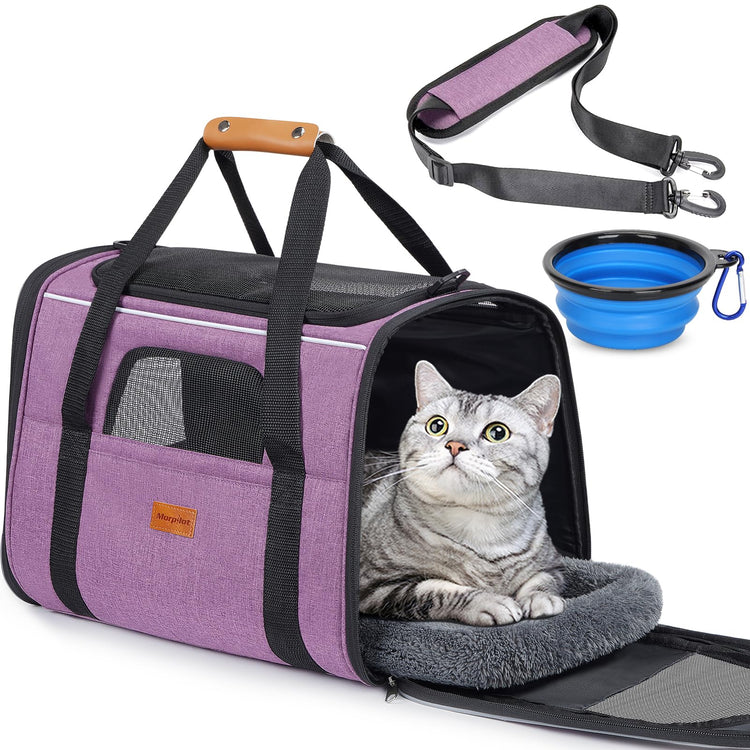 Morpilot Pet Carrier for Large Cats, Puppies & Small Dogs Up to 25lbs, Escape-Proof with Locking Zippers, Dual-Sided Cushion, Safety Buckle for Car & Vet Travel, Includes Foldable Bowl (Dark Gray)