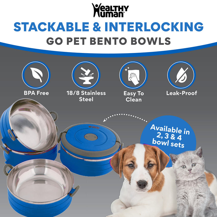 Healthy Human Travel Pet Bento Bowls - Human-Grade Stainless Steel & BPA-Free, Leak-Proof Water & Food Container Set for Dogs & Cats, 4-Pack Interlocking Bowls, Includes Spare Clips & Handle (Pink)