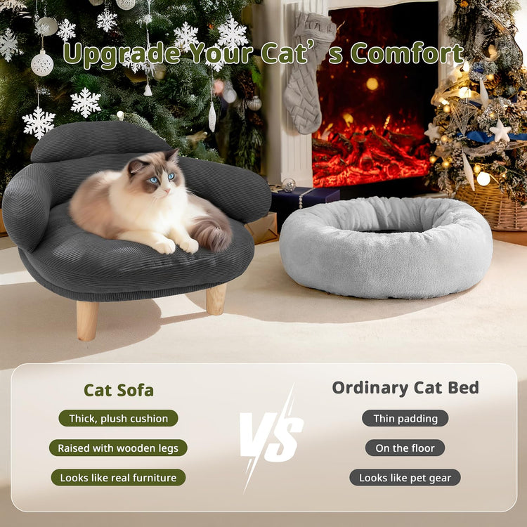 Cat Sofa Furniture-Style Pet Bed with Removable Cotton Velvet Cover, Solid Pine Wood Legs, for Cats and Small Dogs, White