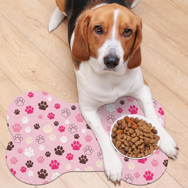 Pet Dog Cat Food Mat, Absorbent Bone Shaped Dog Bowl Mats for Food and Water, Non Slip Cute Dogs Cat Placemats Feeding Mat with Rubber for Floors Indoor Puppy Pet Accessories Supplies 12"x20" Khaki