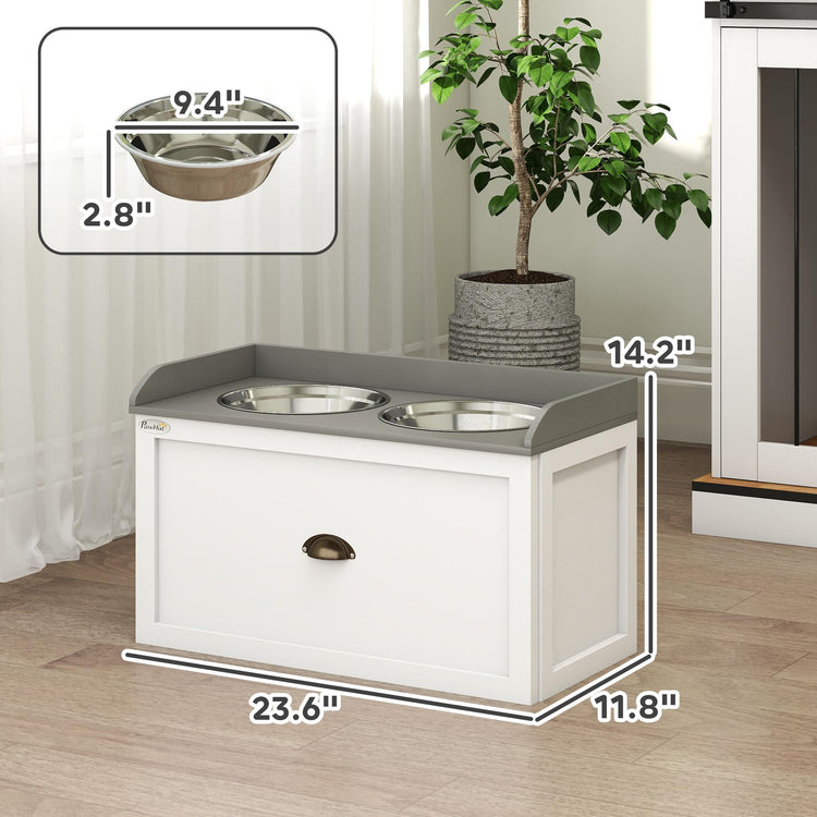PawHut Dog Feeding Station with Storage Drawer, Dog Food Storage Cabinet with 2 Removable Elevated Pet Bowls for Large Sized Dogs, Coffee