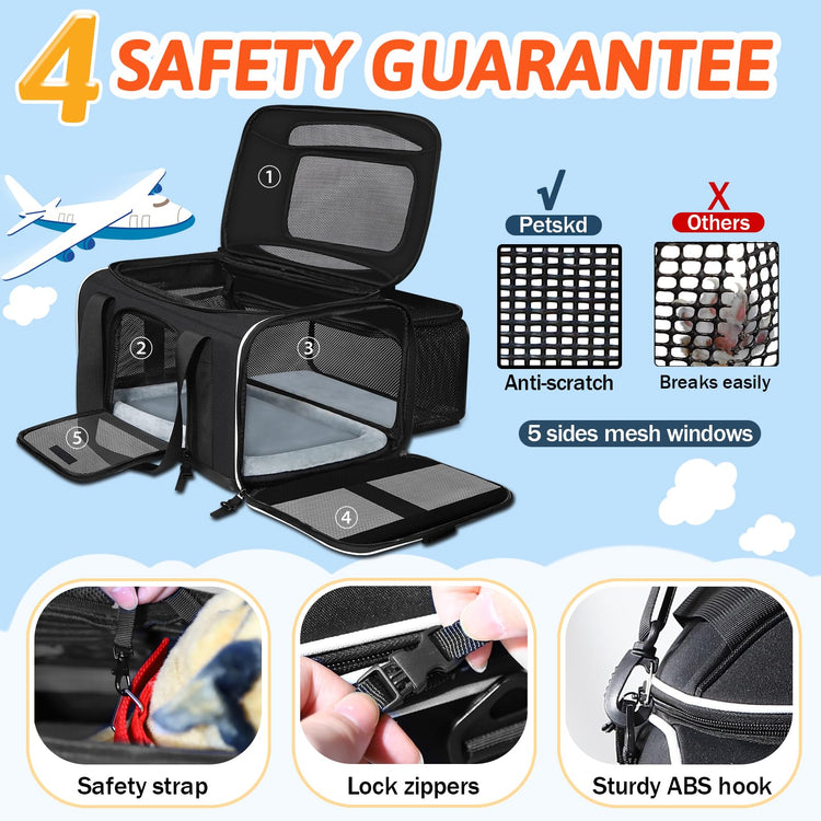 Petskd Top and Side Expandable Pet Carrier 18x11x11 Inches Delta United Airline Approved, Soft-Sided Carrier for Small Cats and Dogs with Locking Safety Zippers and Anti-Scratch Mesh(Black)
