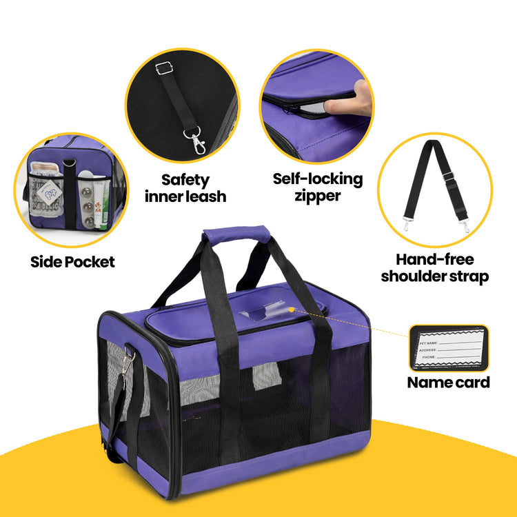 Conlun Cat Carrier Airline Approved, Soft-Sided Dog Carrier with Inner Safety Leash, Pet Transport Carrier for Small-Medium Cats Puppies up to 15 Lbs, Collapsible Travel Kitten Carrier Bag -BlackM