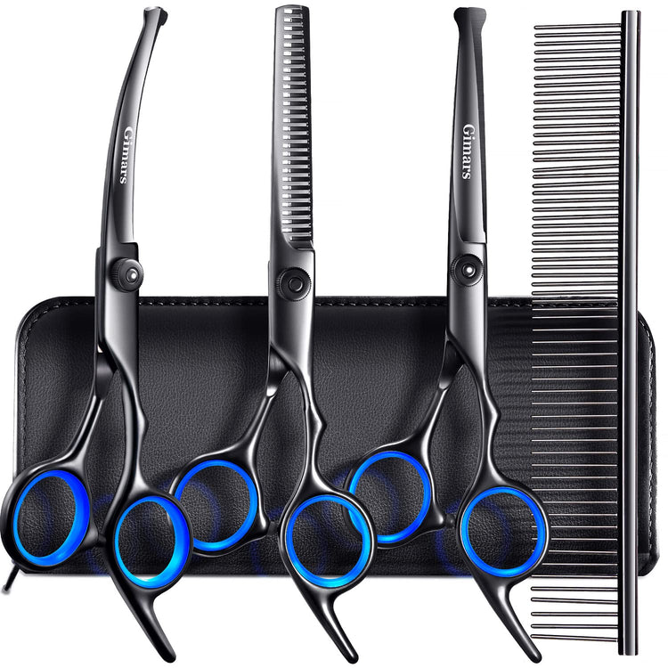 Gimars Titanium Coated Professional 6 in 1 4CR Stainless Steel Dog Grooming Scissors with Safety Round Tip, Heavy Duty Pet Grooming Scissor for Dogs, Cats and Other Animals