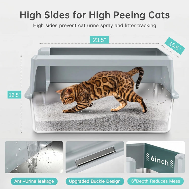 WoofiGo Enclosed Stainless Steel Cat Litter Box with Lid, XL Extra Large Litter Box for Big Cats, Metal Litter Pan High Sided, Never Absorbs Odors, Anti-Urine Leakage, Easy Cleaning, Include Scoop