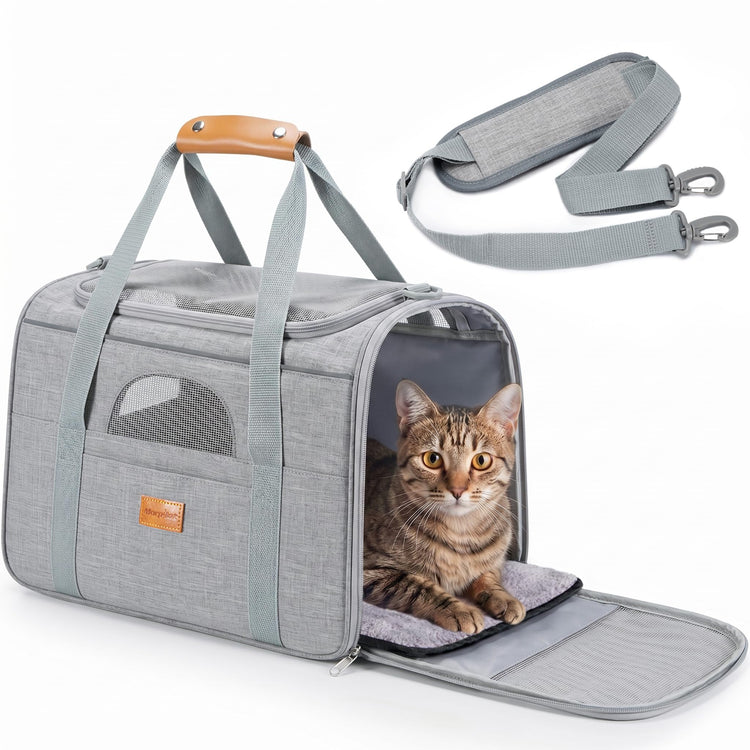 Morpilot Pet Carrier for Large Cats, Puppies & Small Dogs Up to 25lbs, Escape-Proof with Locking Zippers, Dual-Sided Cushion, Safety Buckle for Car & Vet Travel, Includes Foldable Bowl (Dark Gray)