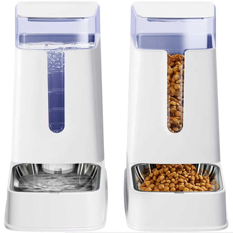 Cat Food Dispenser and Cat Water Dispenser Set with Stainless Steel Bowls Gravity Dog Feeder for Small Medium Big Cat Dog Pet Puppy Kitten, 1 Gallon x 2