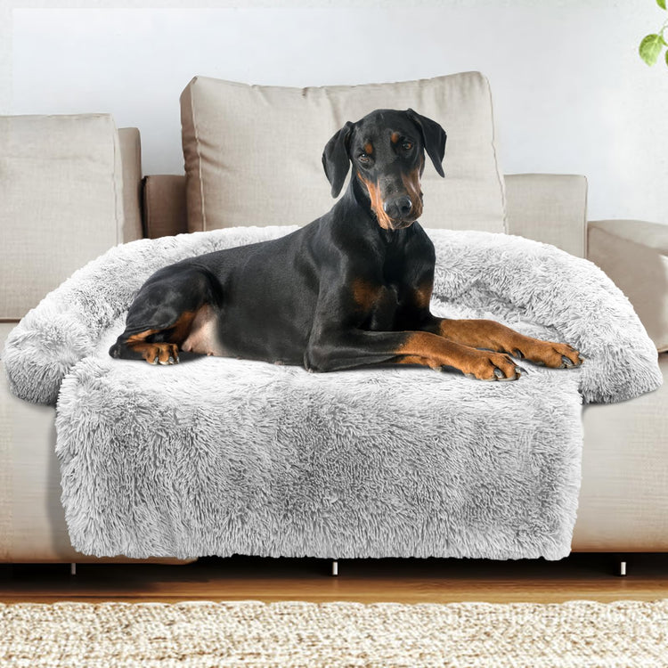 Calming Dog Bed Fluffy Plush Dog Mat for Furniture Protector with Removable Washable Cover for Large Medium Small Dogs and Cats (Small(35x31x5), Light Grey)
