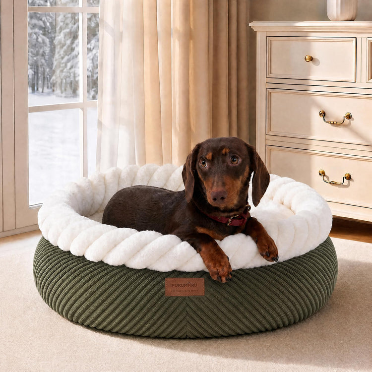 FUKUMARU Cat Bed, Calming Donut Dog Beds, Plush Faux Fur&Corduroy Kitten Beds, Cute Round Washable Pet Bed for Large Cats and Puppy, Cat Cave with Anti-Slip Bottom, 21inch, Camel