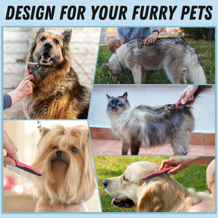Docrok Pet Grooming Combo - Blue Deshedding Brush with Metal Comb for Detangling and Dematting Long, Matted Fur on Cats and Dogs