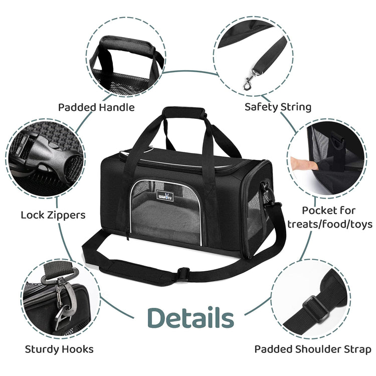 Wakytu Airline Approved Pet Carrier, TSA Approved Soft Sided Travel Bag for Small Dogs and Cats, 5 Mesh Windows & Padded Shoulder Strap for Plane Underseat, 17.7"x11"x8.3"