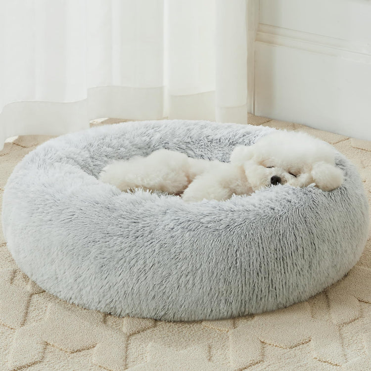 WNPETHOME Calming Dog Bed & Cat Bed, Anti-Anxiety Donut Small Dog Bed, Fluffy Faux Fur Cats Cushion Puppy Bed for Small Pets and Cats (24 x 24 inch, Light Coffee)