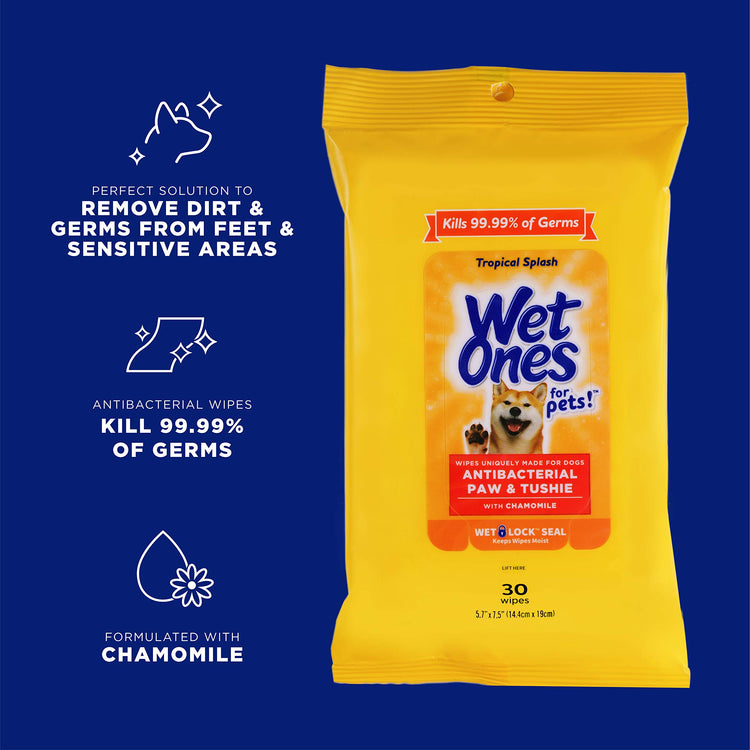 Wet Ones for Pets Paw and Tushie Dog Wipes with Chamomile, Tropical Splash Scent - Cleansing Grooming Wipes for Dog Paws and Butt Between Baths, Wet Lock Seal, 30 Count