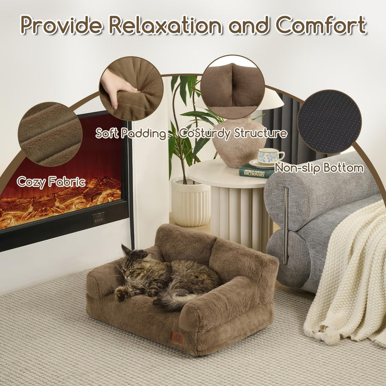 Hollypet Fluffy Dog Cat Bed Pet Couch Beds Plush Soft Warming Machine Washable Puppy Bed with Non-Slip Bottom for Cats and Small Medium Dogs up to 25 lbs, Gray, 24" L x 18" W x 10" Th