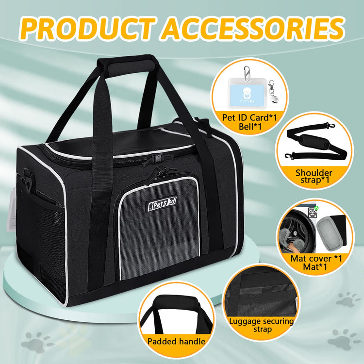 Petskd Pet Carrier 17x11x9.5 Alaska Airline Approved,Pet Travel Carrier Bag for Small Cats and Dogs, Soft Dog Carrier for 1-10 LBS Pets,Dog Cat Carrier with Safety Lock Zipper(Black)