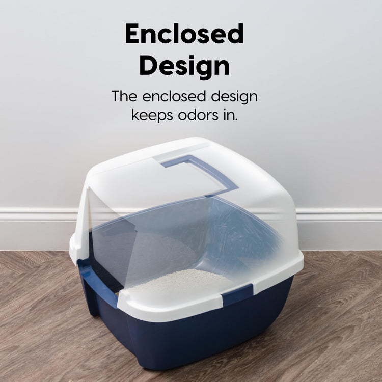 IRIS USA Cat Litter Box Large with Front Door Flap, Covered Enclosed Litter Box Enclosure with Scoop, Handle & Buckles for Portability & Privacy, Hidden Litter Pan, Navy