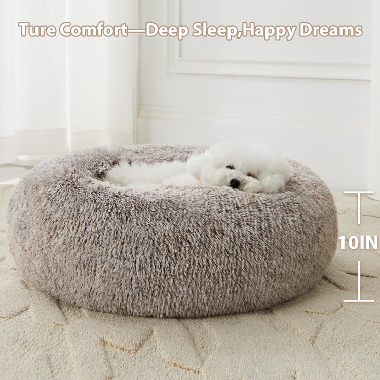 WNPETHOME Calming Dog Bed & Cat Bed, Anti-Anxiety Donut Small Dog Bed, Fluffy Faux Fur Cats Cushion Puppy Bed for Small Pets and Cats (24 x 24 inch, Light Coffee)