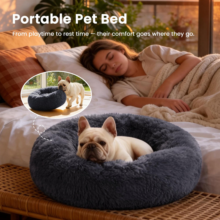 Love's cabin Calming Dog & Cat Bed, Cat Bed for Indoor Cats, Anti-Anxiety Donut Round Bed, Fluffy Warming Pet Bed for Small Medium Dogs and Cats, Beige Taupe 20"/24"