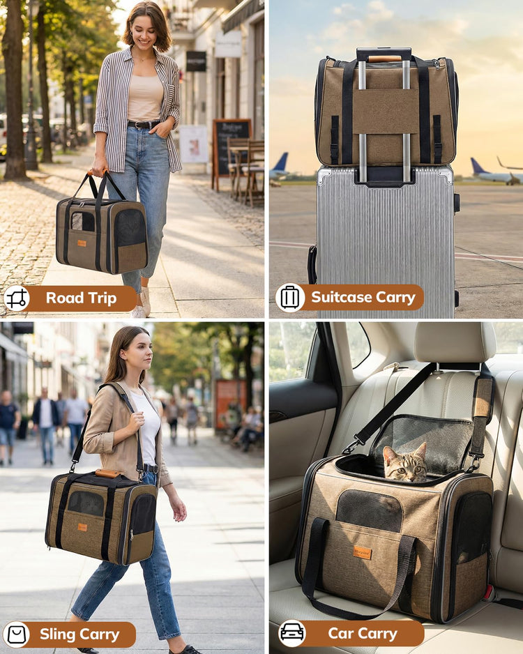 Morpilot Pet Carrier for Large Cats, Puppies & Small Dogs Up to 25lbs, Escape-Proof with Locking Zippers, Dual-Sided Cushion, Safety Buckle for Car & Vet Travel, Includes Foldable Bowl (Dark Gray)
