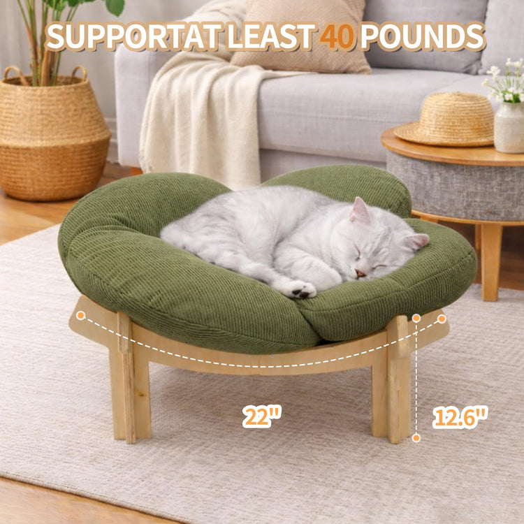 Elevated Wooden Cat Bed with Fluffy Removable Cushion, Modern Petal Shaped Cat Couch Sofa for Indoor Cats Small Dogs 40lbs Capacity Easy to Assemble (White)