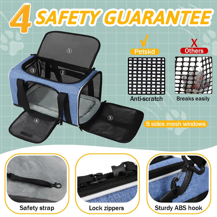 Petskd Pet Carrier 17x11x9.5 Alaska Airline Approved,Pet Travel Carrier Bag for Small Cats and Dogs, Soft Dog Carrier for 1-10 LBS Pets,Dog Cat Carrier with Safety Lock Zipper(Black)