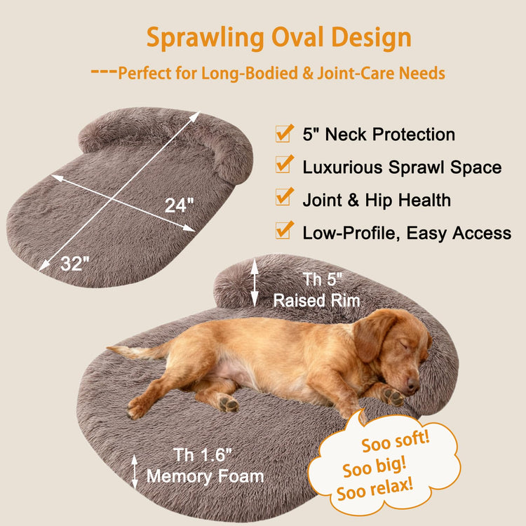 Orthopedic Dog Bed with Egg-Crate Base, Calming Dog & Cat Beds Long Plush with Raised Edges, Spine Friendly Pet Sleeping Mat for Small Medium Dogs, Machine Washable (Oval, Beige 26"x20")