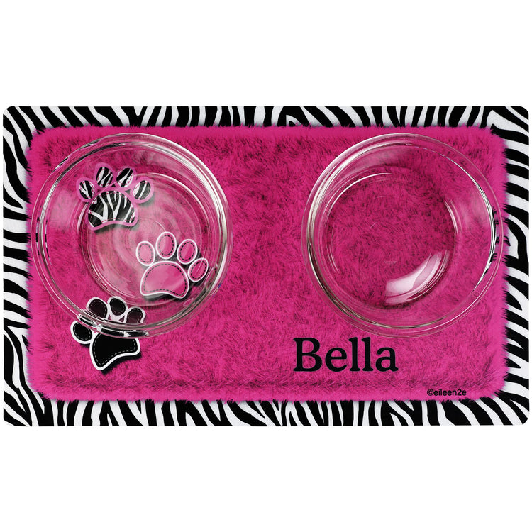 Drymate Personalized Pet Bowl Placemat, Custom Dog & Cat Food Feeding Mat - Absorbent Fabric, Waterproof Backing - Machine Washable/Durable (USA Made) (12" x 20") (Zebra Pink)