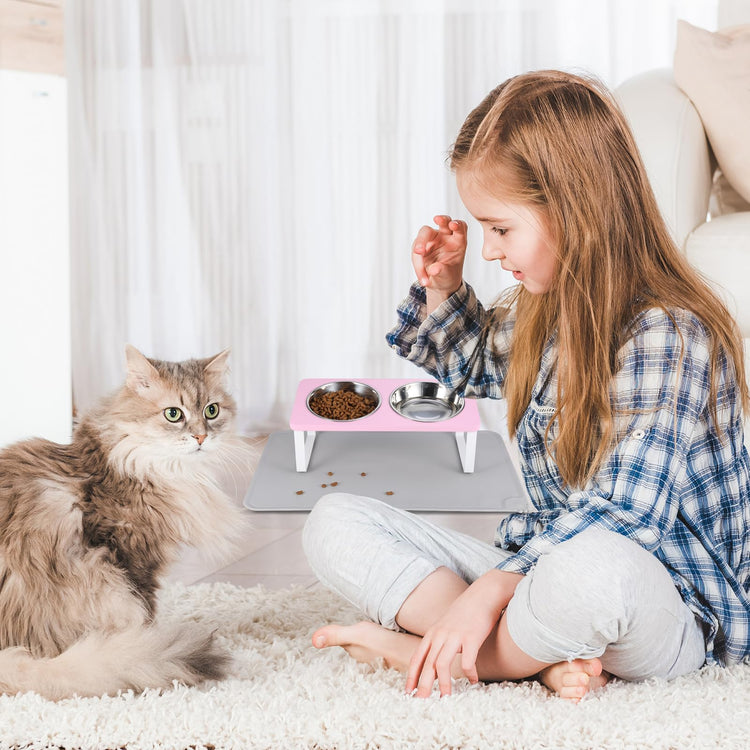 Upgraded Elevated Cat Bowls with Food Mat,15°Tilted Stand Anti Vomiting Raised Cat Dishes for Food and Water,2 Stainless Steel Bowls for Cats and Puppy